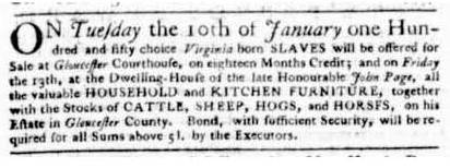 North End sale notice, VA Gaz. 1774